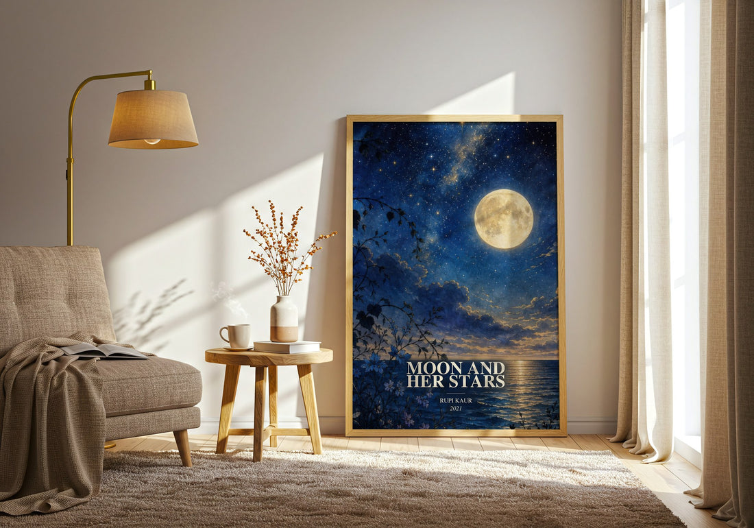 Moon and Her Stars watercolour print in frame leaning in hallway – poetry wall art