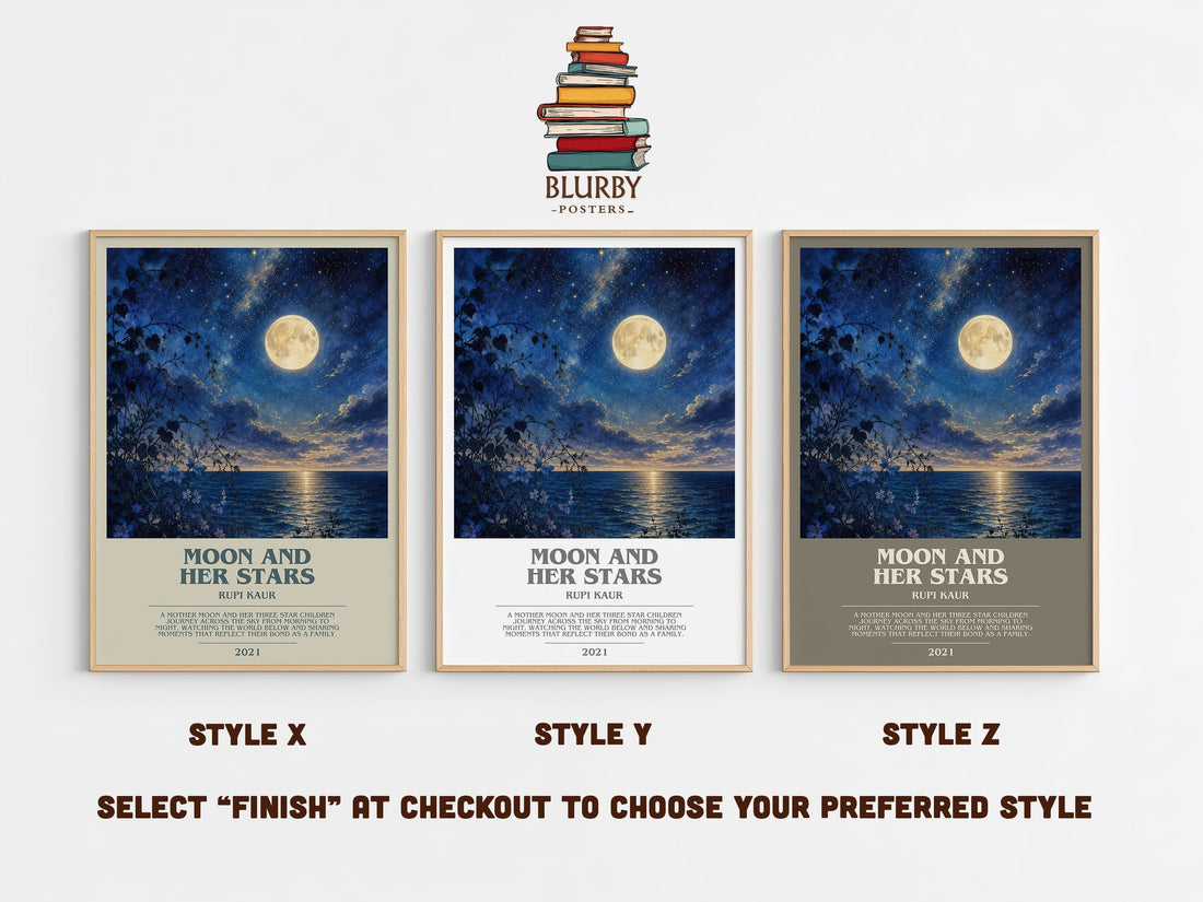 Moon and Her Stars bookish print in frame leaning in hallway – poetry wall art (mockup)