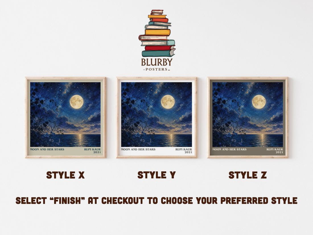 Moon and Her Stars literary print in frame leaning in hallway – poetry wall art (mockup)