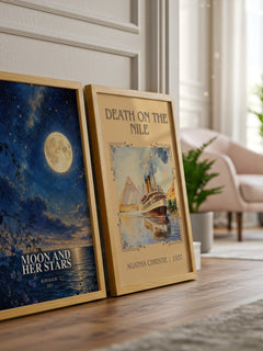 Moon and Her Stars watercolour print framed by window – literary home decor