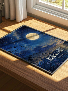 Moon and Her Stars watercolour book poster framed on wall – poetry wall art
