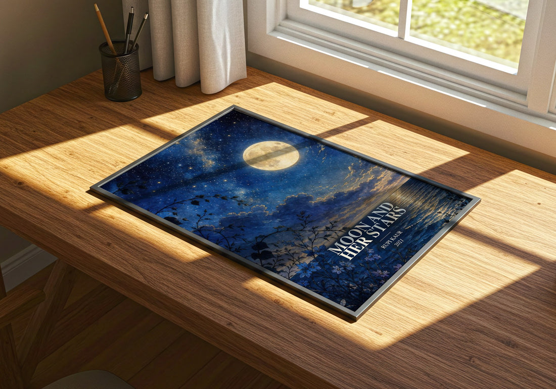 Moon and Her Stars watercolour book poster framed on wall – poetry wall art
