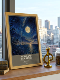 Moon and Her Stars book cover print framed by window – literary home decor