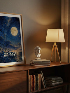 Moon and Her Stars watercolour print on bookshelf – Rupi Kaur fan gift
