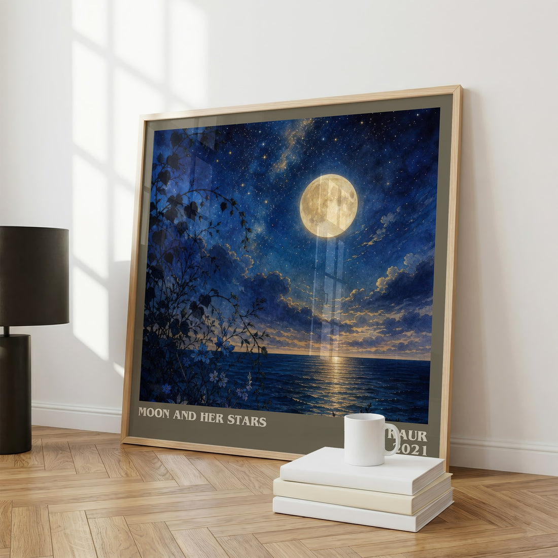 Moon and Her Stars literary print framed by window – literary home decor