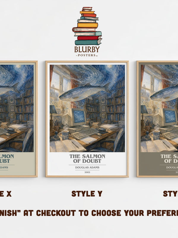The Salmon of Doubt book cover print in frame leaning in hallway – sci fi wall art