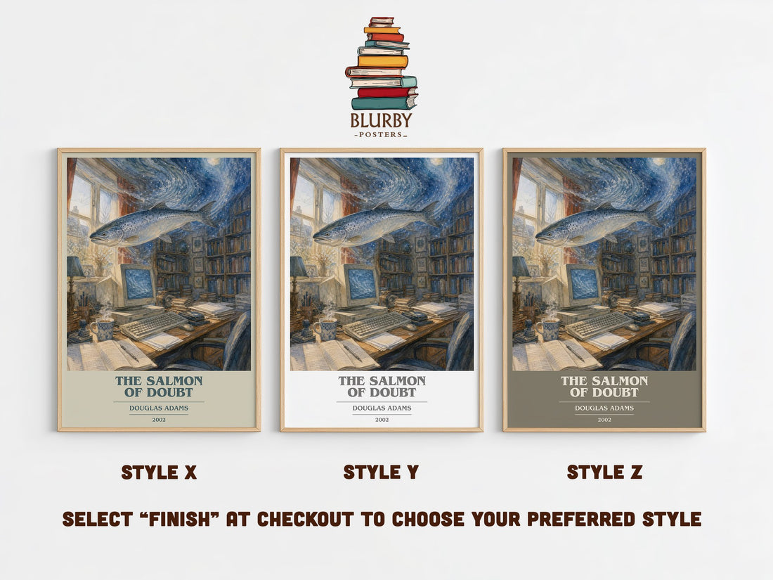 The Salmon of Doubt book cover print in frame leaning in hallway – sci fi wall art (mockup)