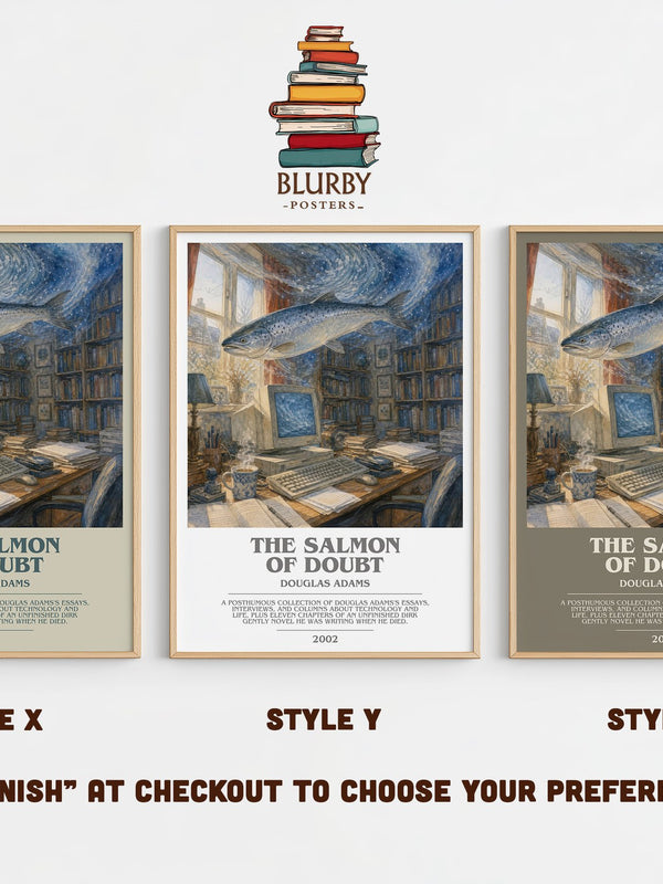 The Salmon of Doubt bookish print in frame leaning in hallway – sci fi wall art