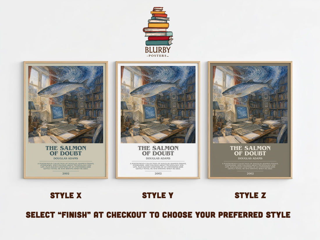 The Salmon of Doubt bookish print in frame leaning in hallway – sci fi wall art (mockup)