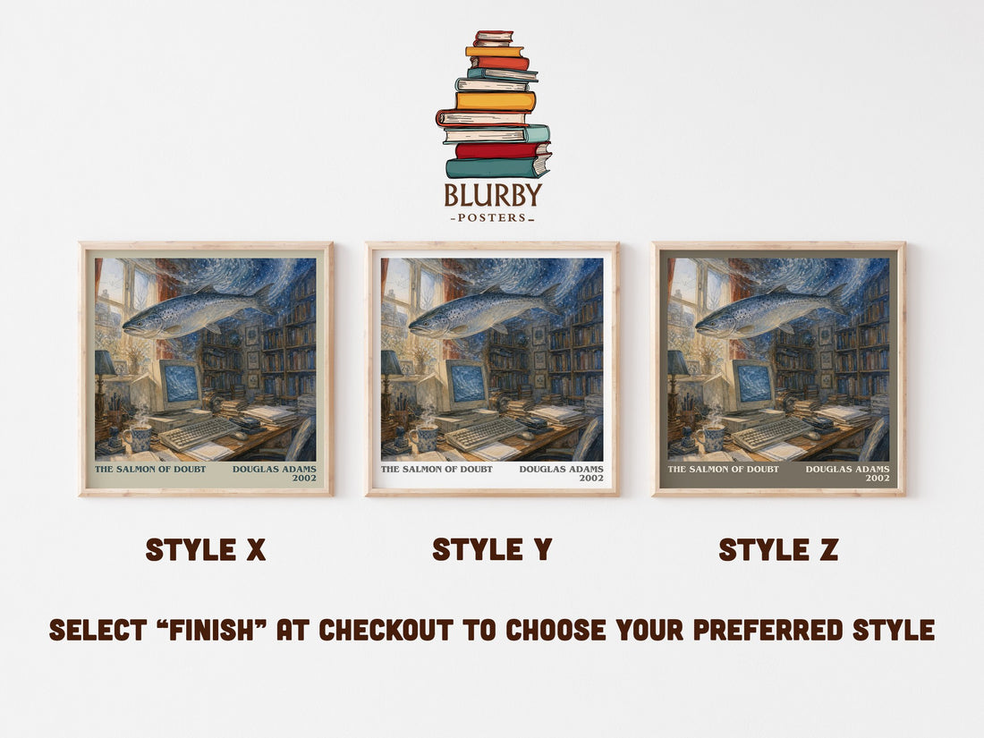 The Salmon of Doubt literary print in frame leaning in hallway – sci fi wall art (mockup)