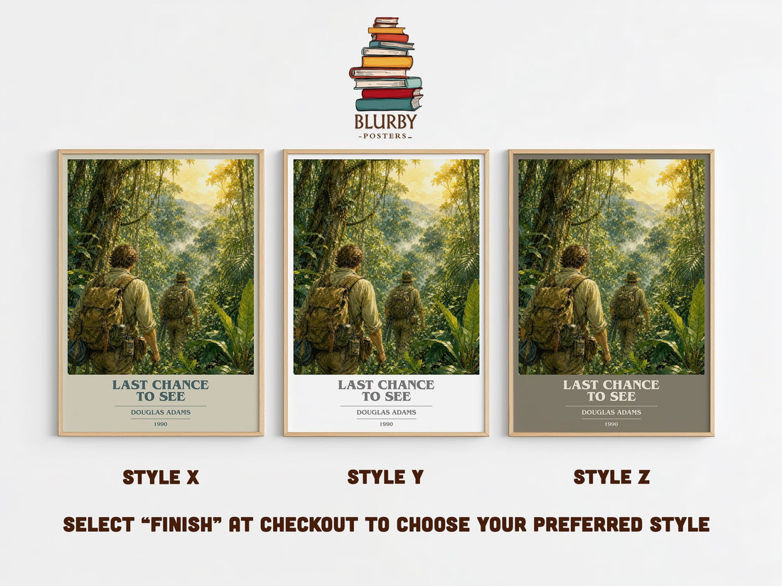 Last Chance to See book cover print in frame leaning in hallway – non fiction wall art (mockup)