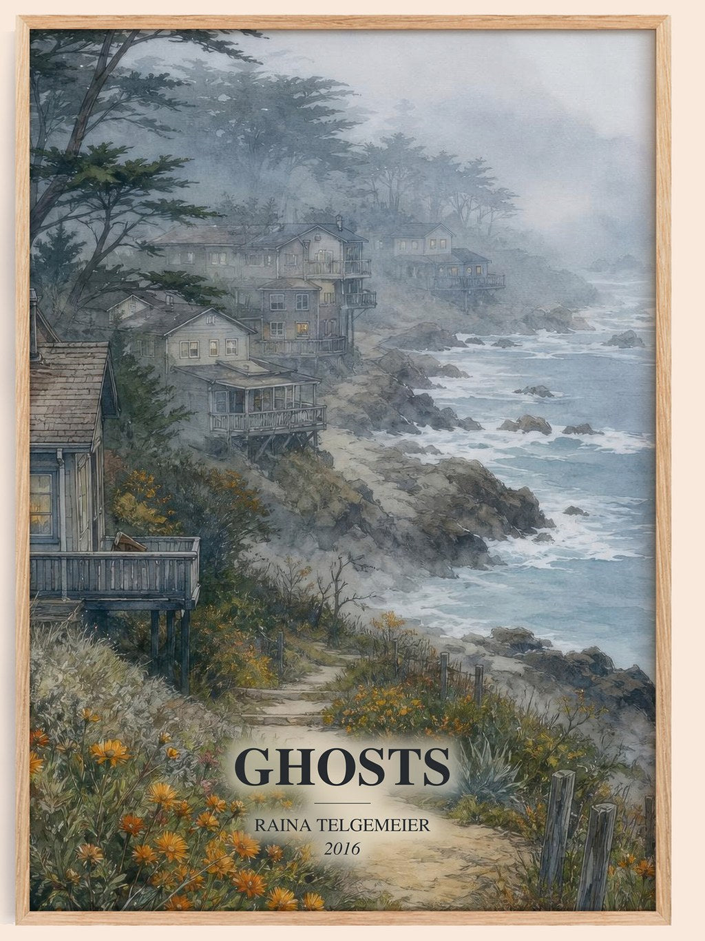 Ghosts watercolour book poster by Raina Telgemeier – framed literary art print
