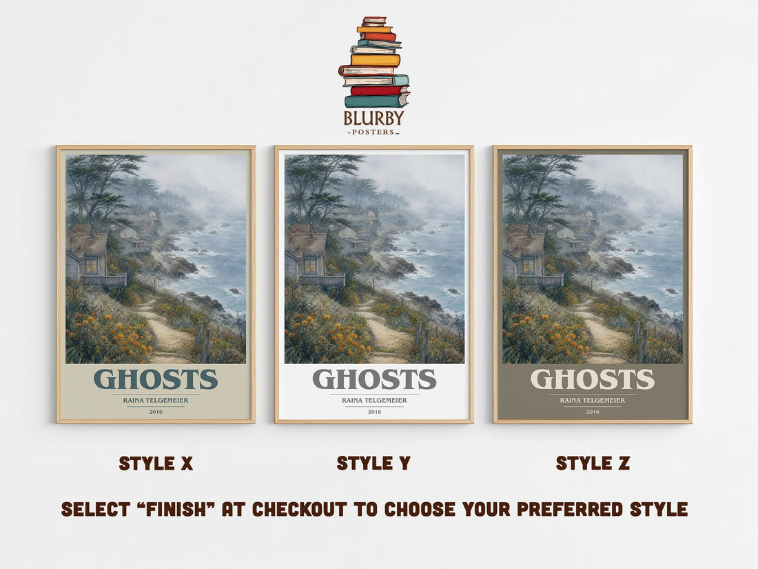 Ghosts book cover print in frame leaning in hallway – childrens wall art (mockup)