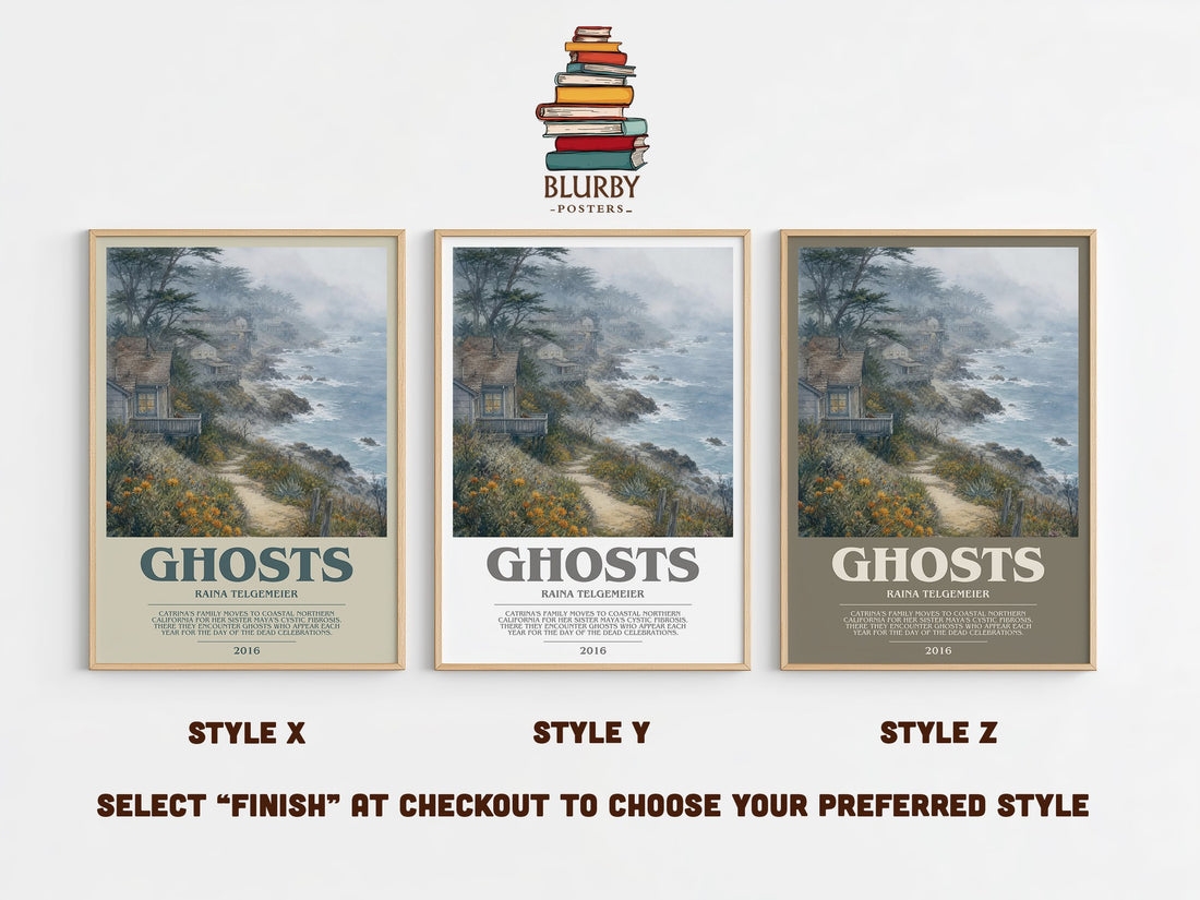 Ghosts bookish print in frame leaning in hallway – childrens wall art (mockup)
