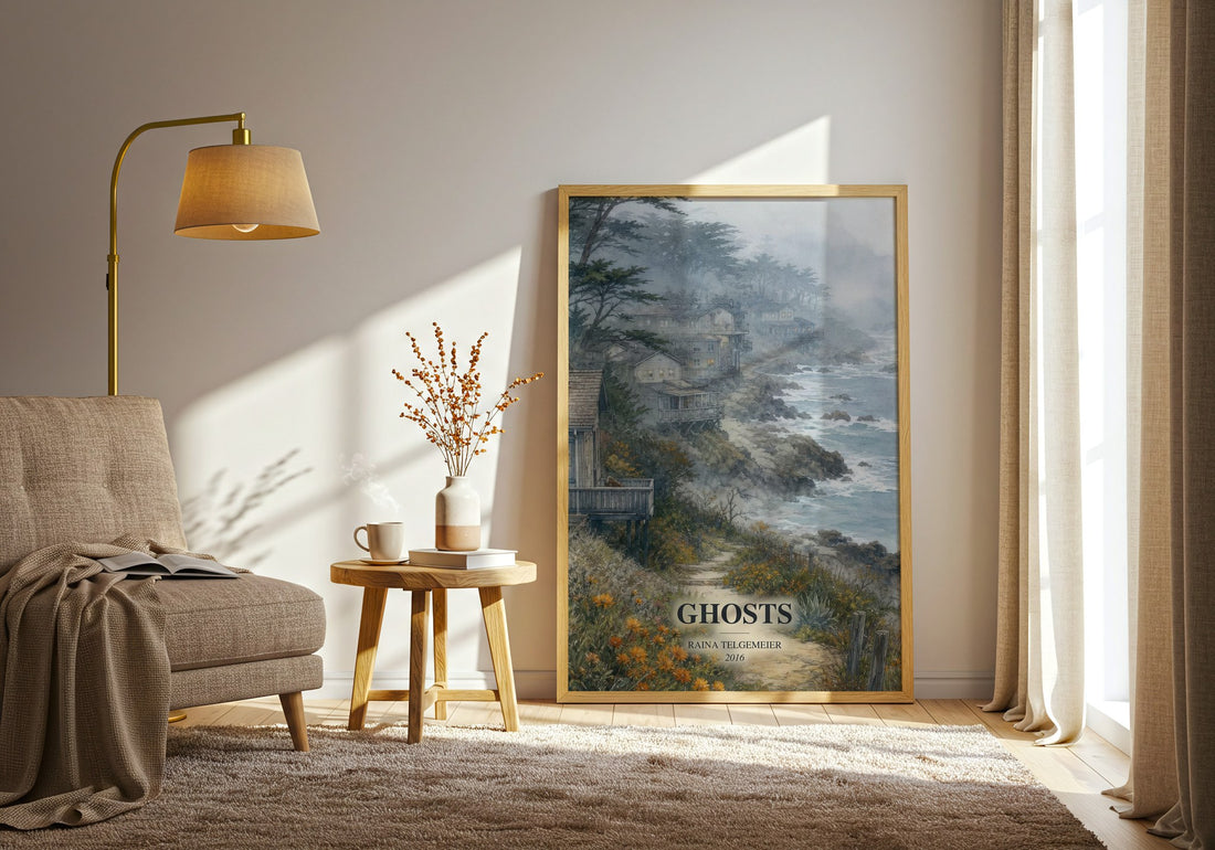 Ghosts watercolour print in frame leaning in hallway – childrens wall art