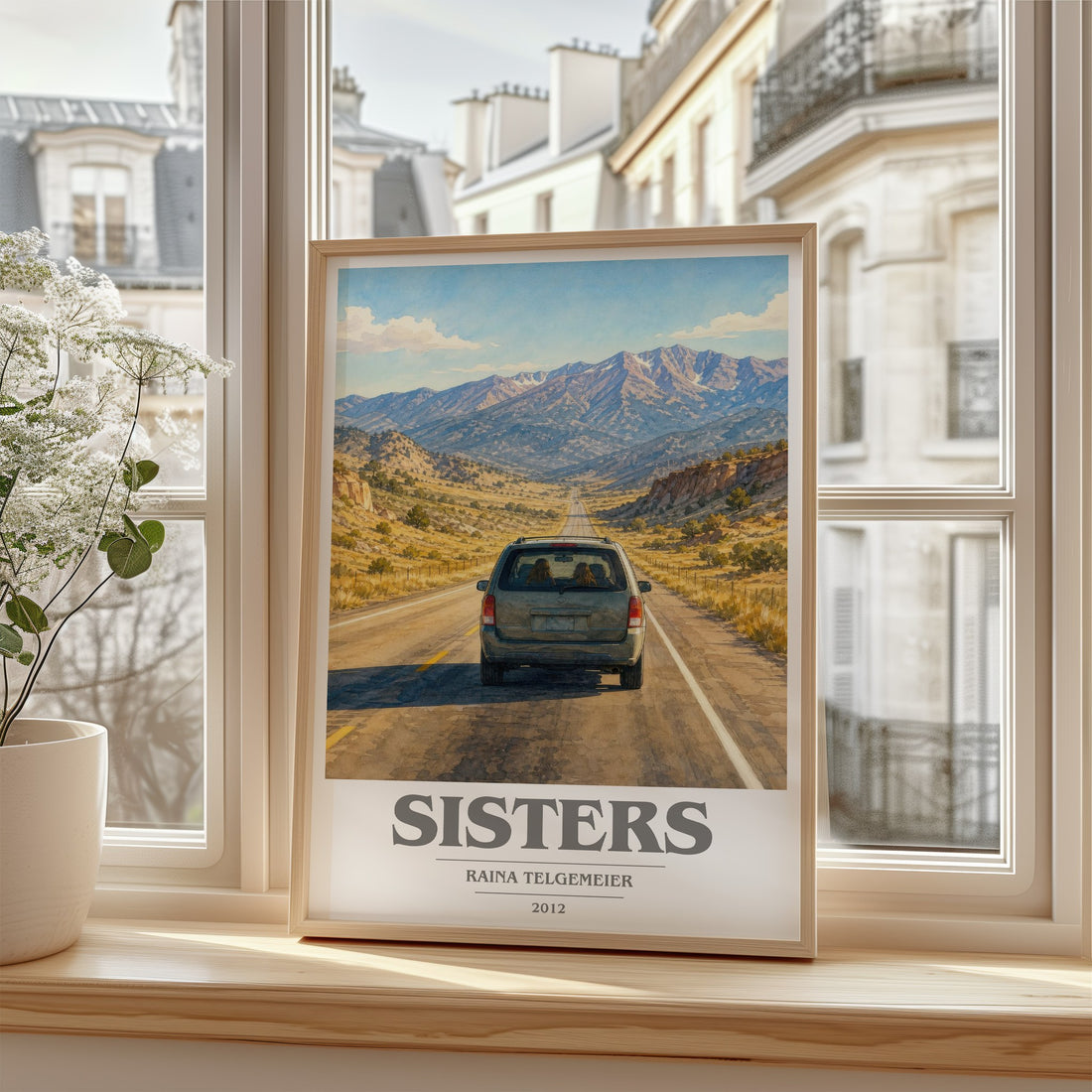 Sisters book cover poster colour and style options – Raina Telgemeier book art (mockup)