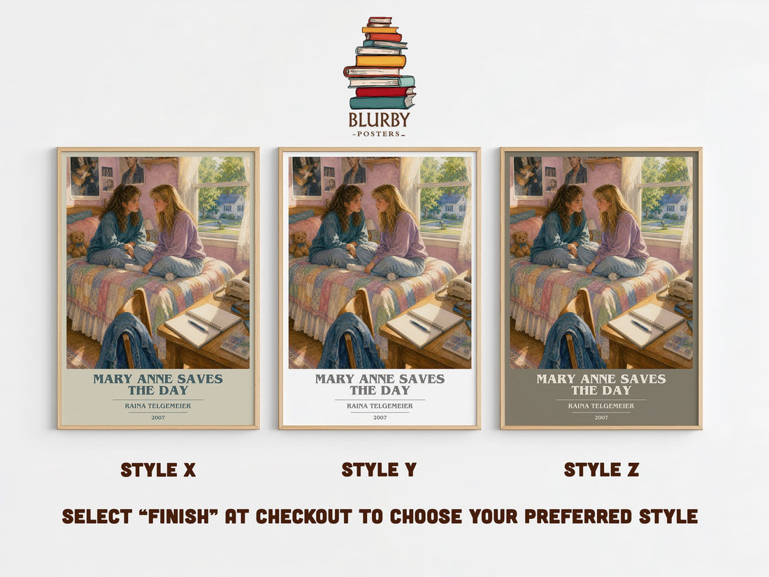 Mary Anne Saves the Day book cover print in frame leaning in hallway – childrens wall art (mockup)