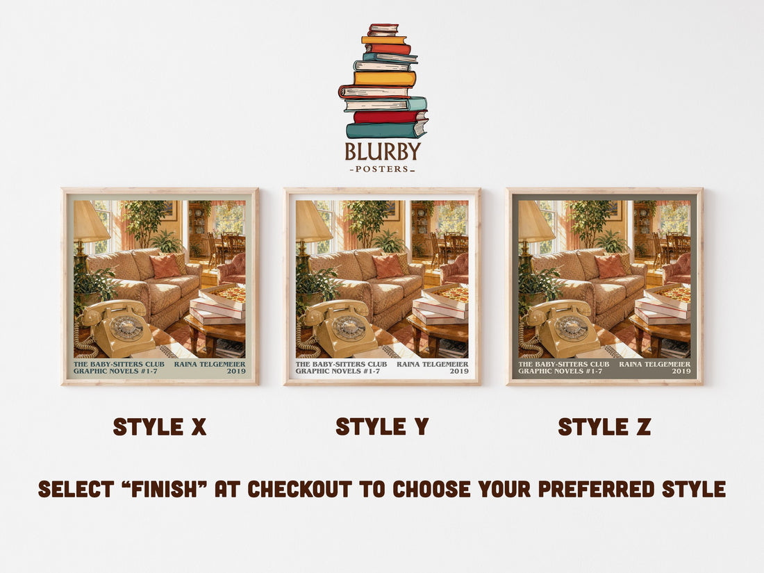 The Baby-Sitters Club Graphic Novels #1-7 literary print in frame leaning in hallway – childrens wall art (mockup)