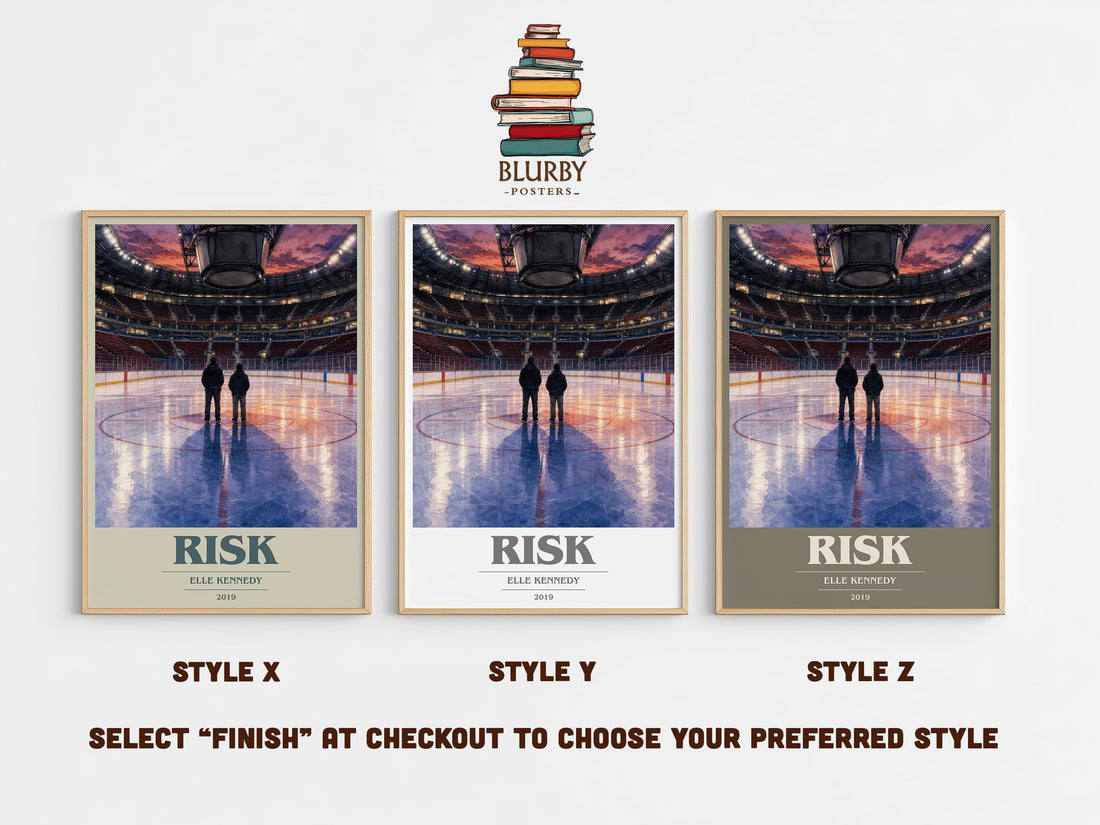 Risk book cover print in frame leaning in hallway – romance wall art (mockup)
