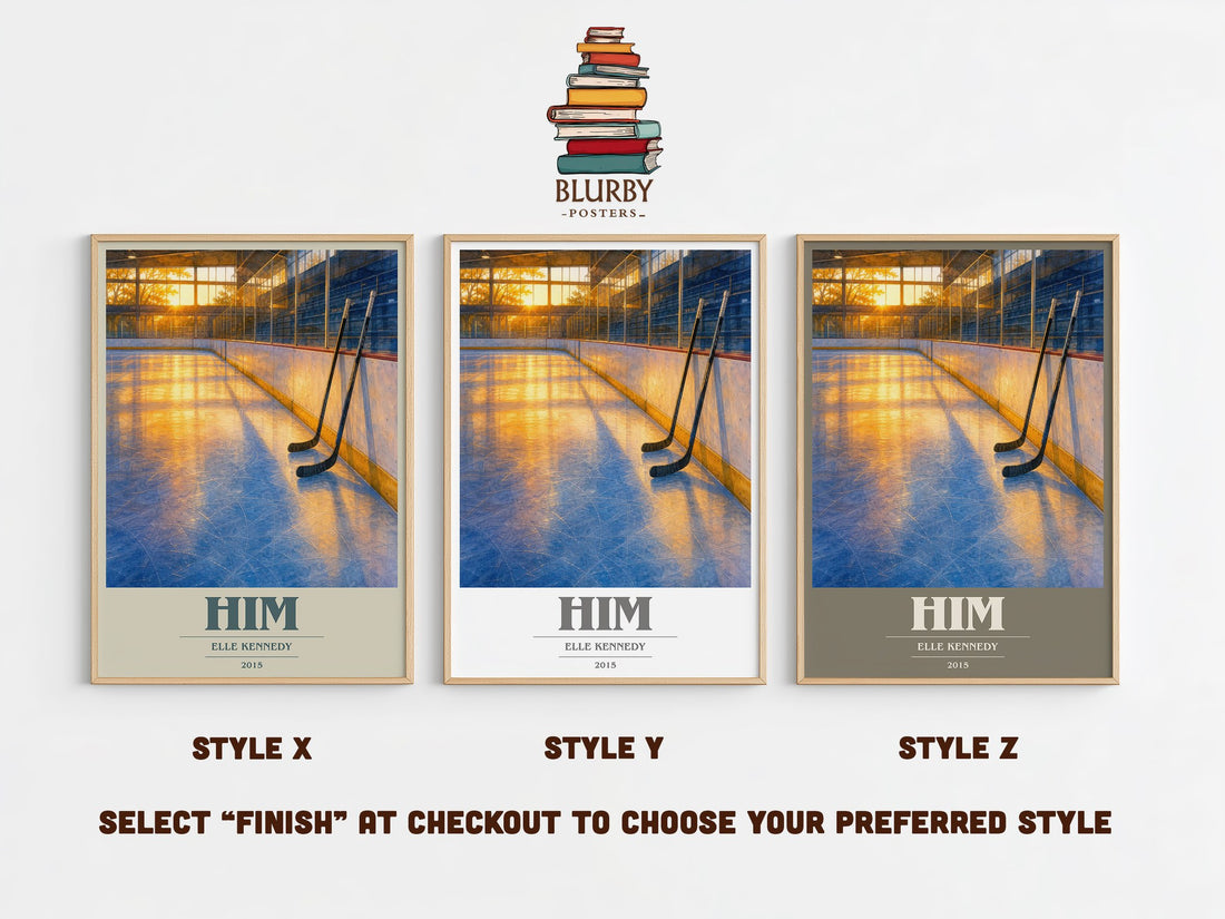 Him book cover print in frame leaning in hallway – romance wall art (mockup)