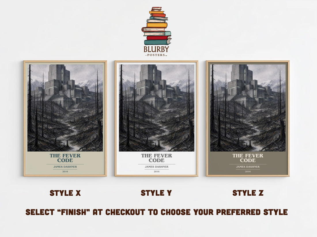 The Fever Code book cover print in frame leaning in hallway – dystopian wall art (mockup)