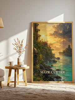 Maze Cutter watercolour print in frame leaning in hallway – dystopian wall art