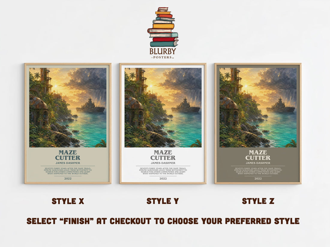 Maze Cutter bookish print in frame leaning in hallway – dystopian wall art (mockup)