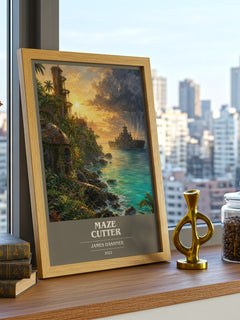 Maze Cutter book cover print framed by window – literary home decor