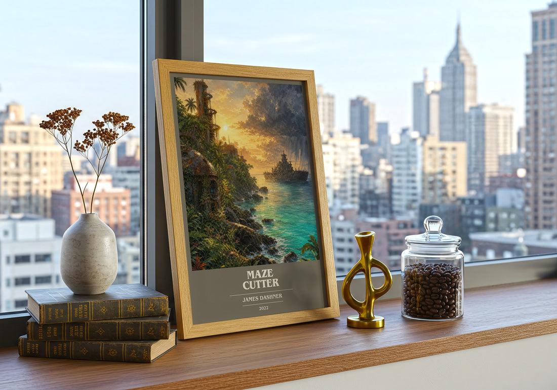 Maze Cutter book cover print framed by window – literary home decor