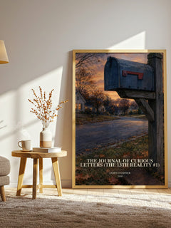The Journal of Curious Letters (The 13th Reality #1) watercolour print in frame leaning in hallway – young adult wall art