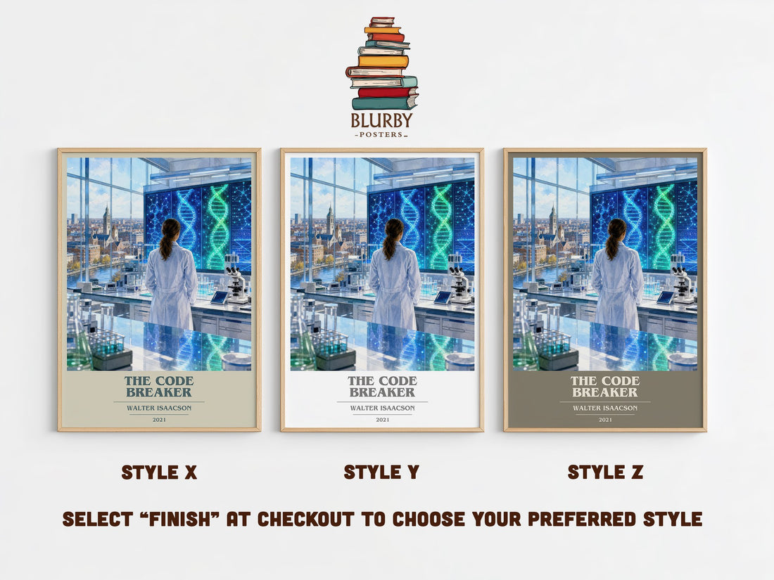 The Code Breaker book cover print in frame leaning in hallway – non fiction wall art (mockup)