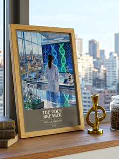 The Code Breaker book cover print framed by window – literary home decor