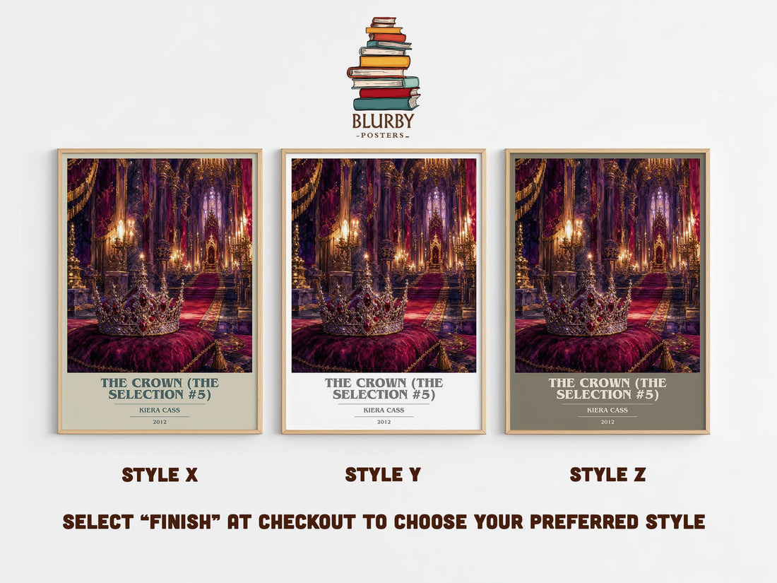 The Crown (The Selection #5) book cover print in frame leaning in hallway – young adult wall art (mockup)