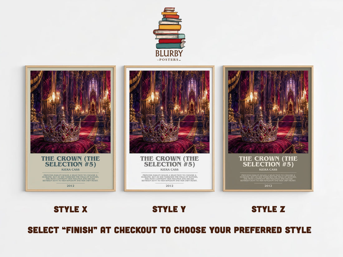 The Crown (The Selection #5) bookish print in frame leaning in hallway – young adult wall art (mockup)