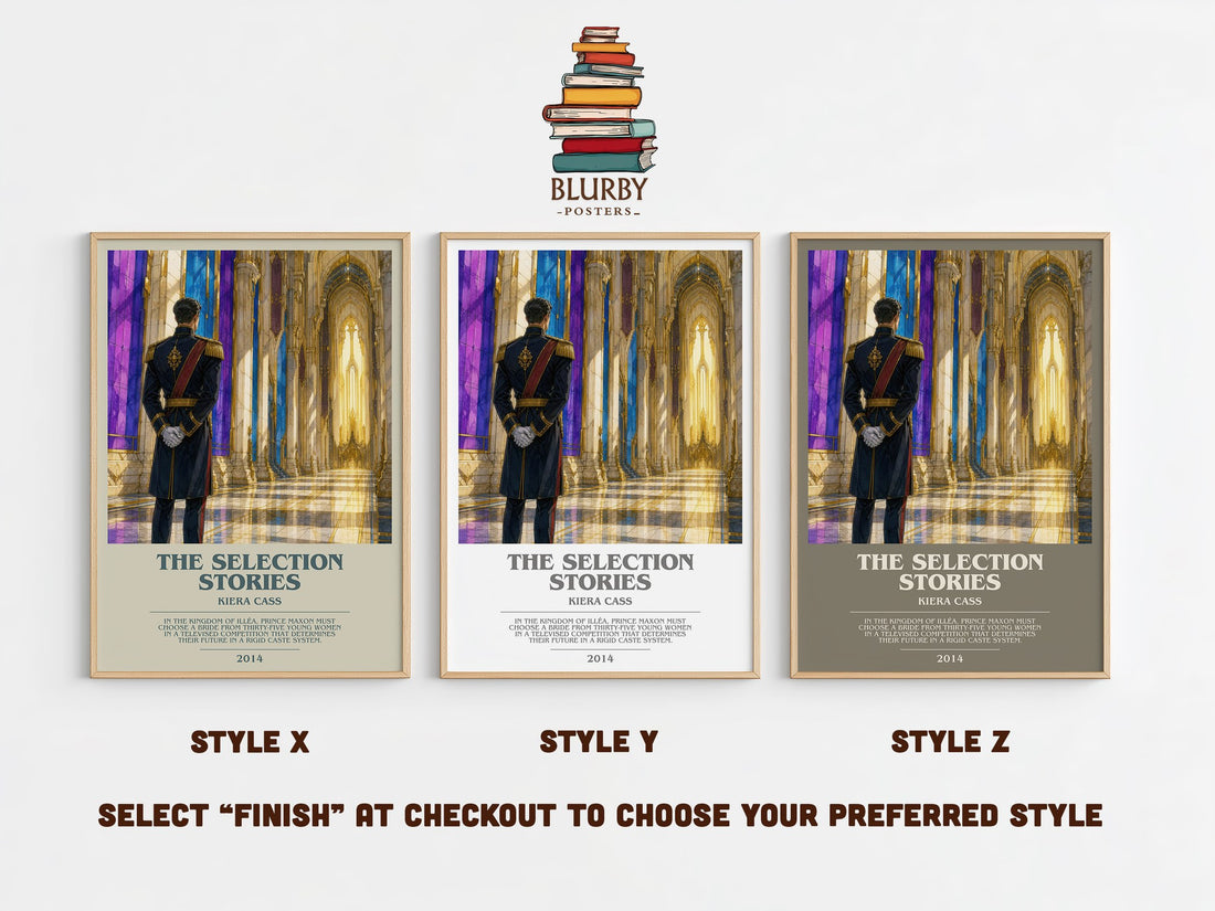 The Selection Stories bookish print in frame leaning in hallway – young adult wall art (mockup)
