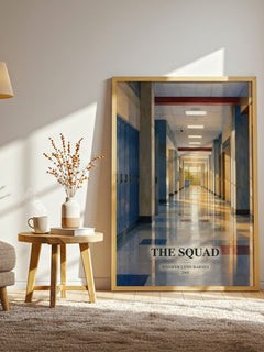 The Squad watercolour print in frame leaning in hallway – thriller wall art
