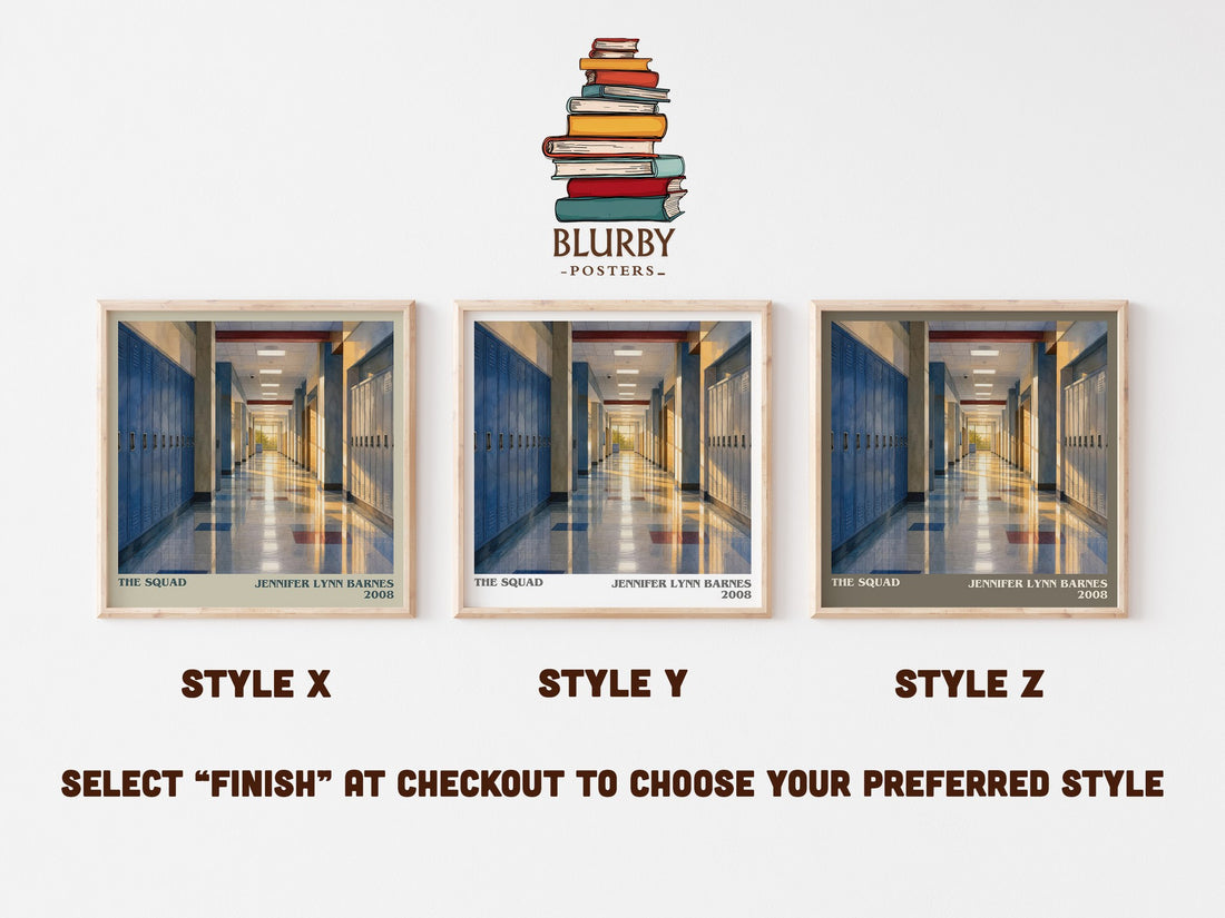 The Squad literary print in frame leaning in hallway – thriller wall art (mockup)