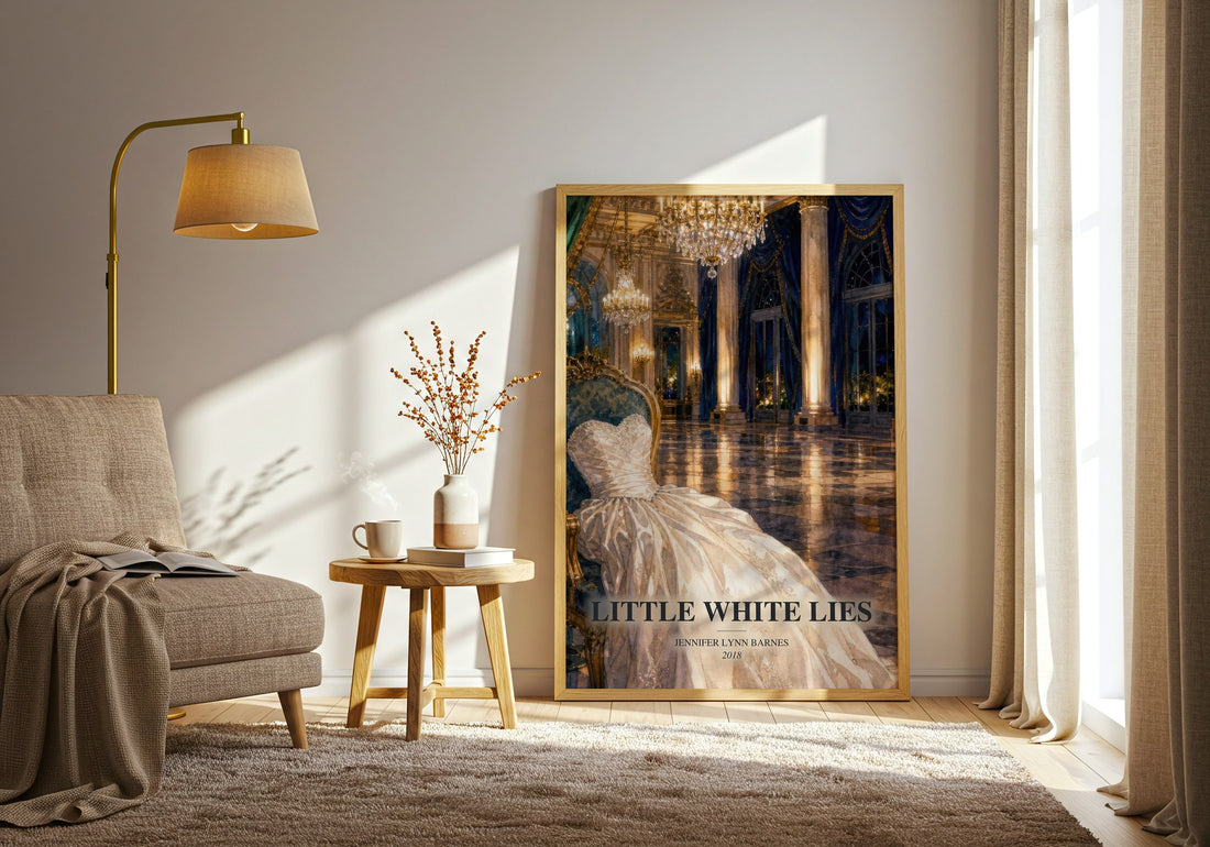 Little White Lies watercolour print in frame leaning in hallway – young adult wall art