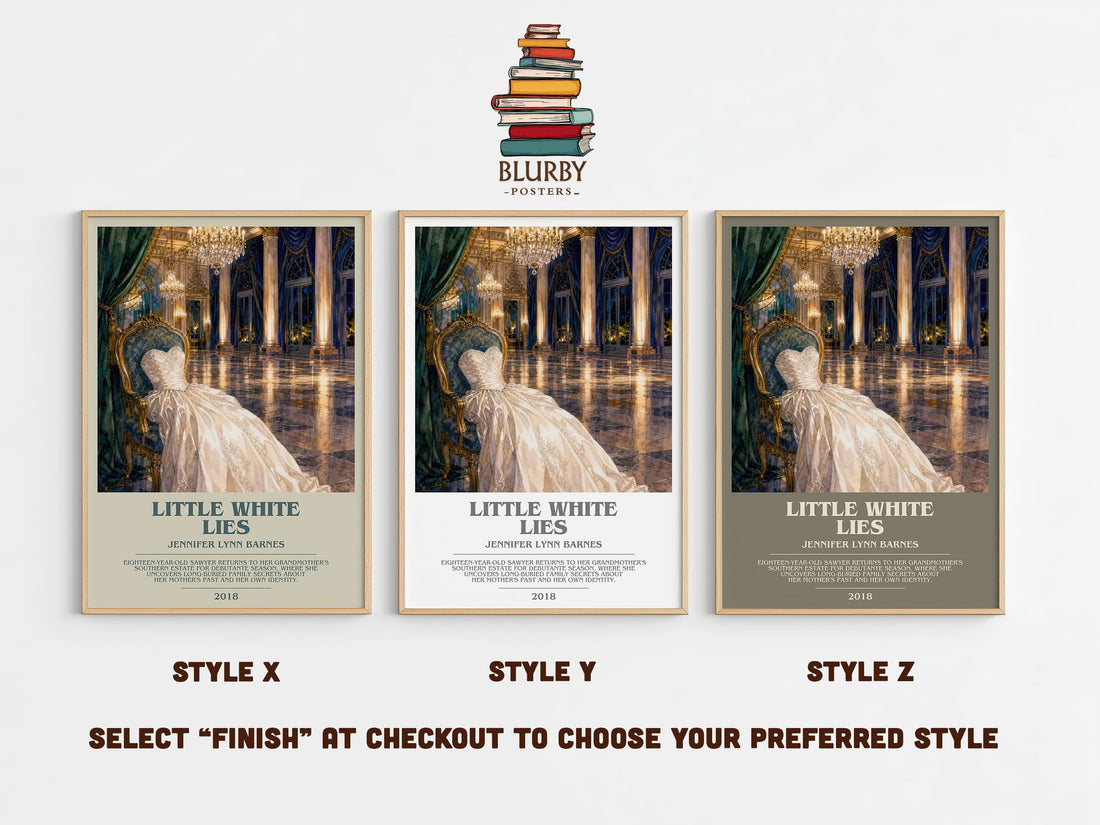 Little White Lies bookish print in frame leaning in hallway – young adult wall art (mockup)