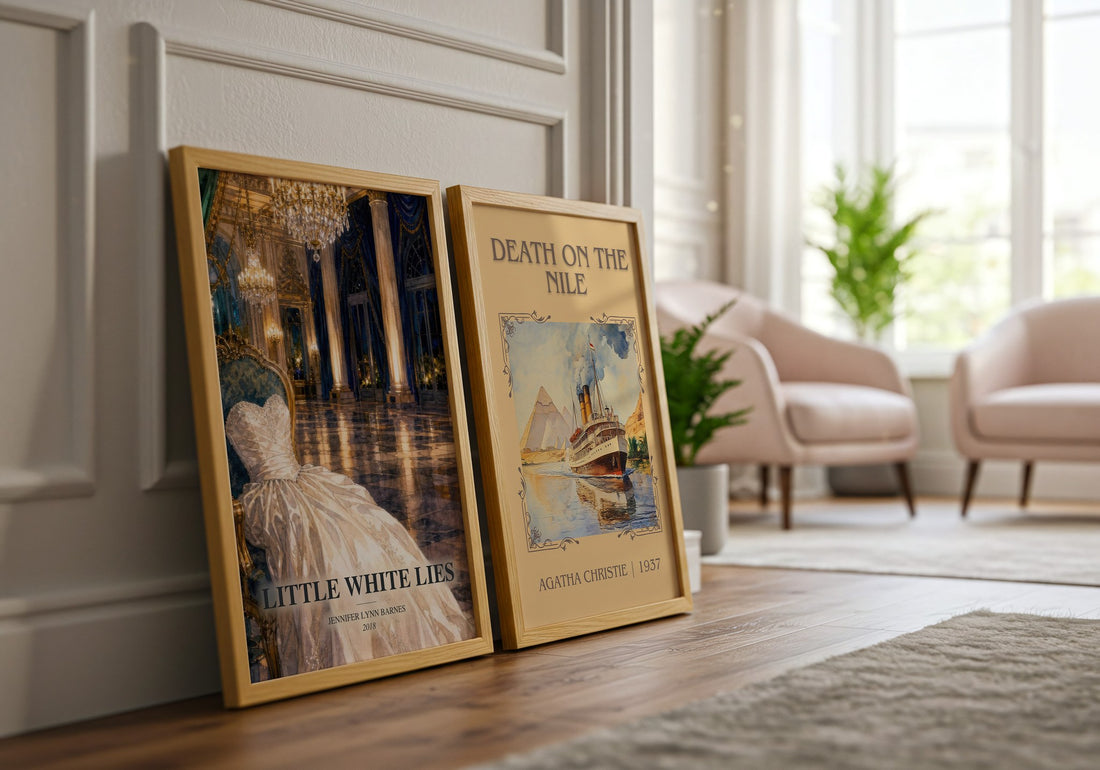 Little White Lies watercolour print framed by window – literary home decor