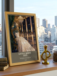 Little White Lies book cover print framed by window – literary home decor