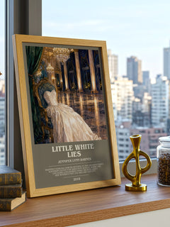 Little White Lies bookish print framed by window – literary home decor