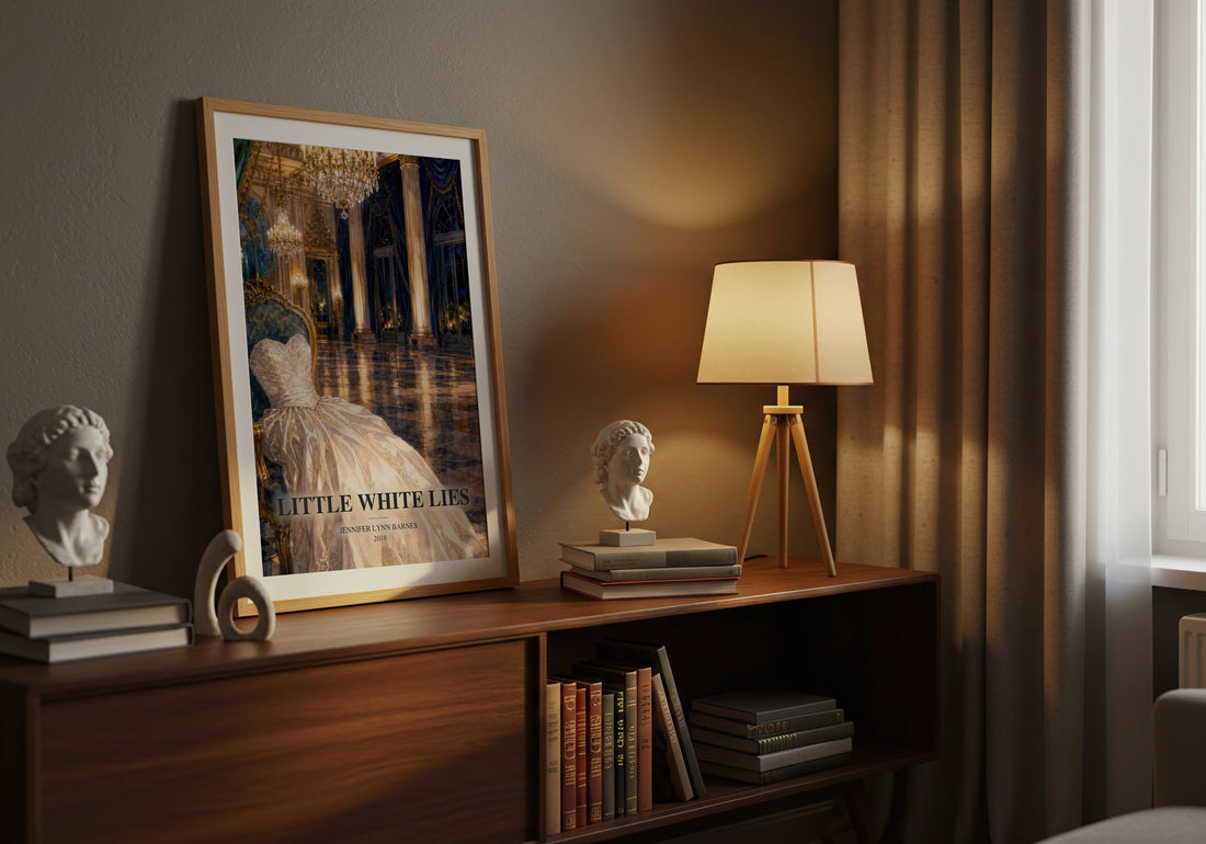 Little White Lies watercolour print on bookshelf – Jennifer Lynn Barnes fan gift