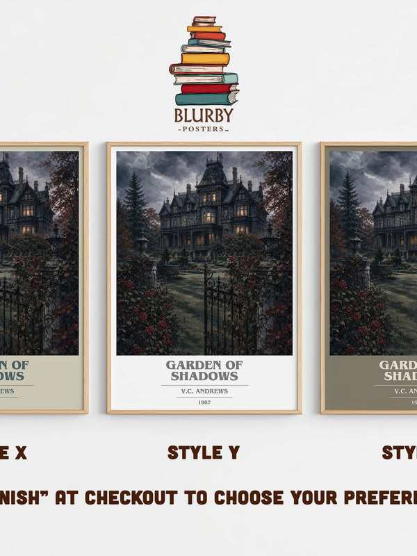 Garden of Shadows book cover print in frame leaning in hallway – gothic wall art