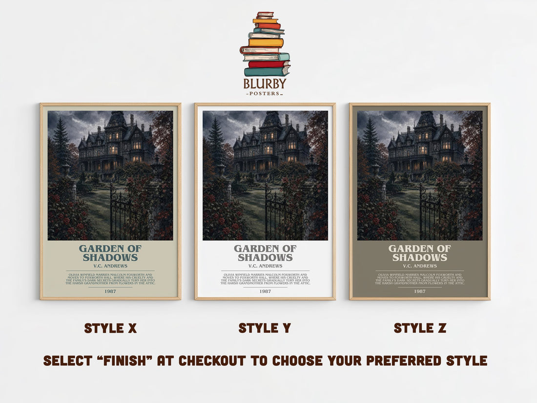 Garden of Shadows bookish print in frame leaning in hallway – gothic wall art (mockup)