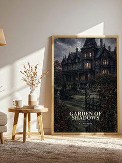 Garden of Shadows watercolour print in frame leaning in hallway – gothic wall art