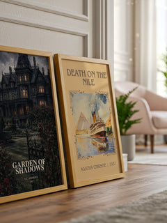 Garden of Shadows watercolour print framed by window – literary home decor