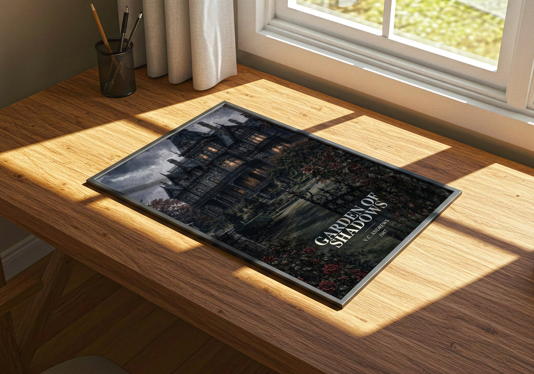 Garden of Shadows watercolour book poster framed on wall – gothic wall art
