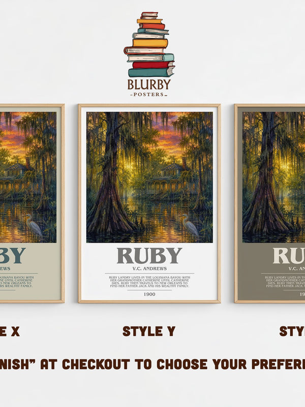 Ruby bookish print in frame leaning in hallway – gothic wall art