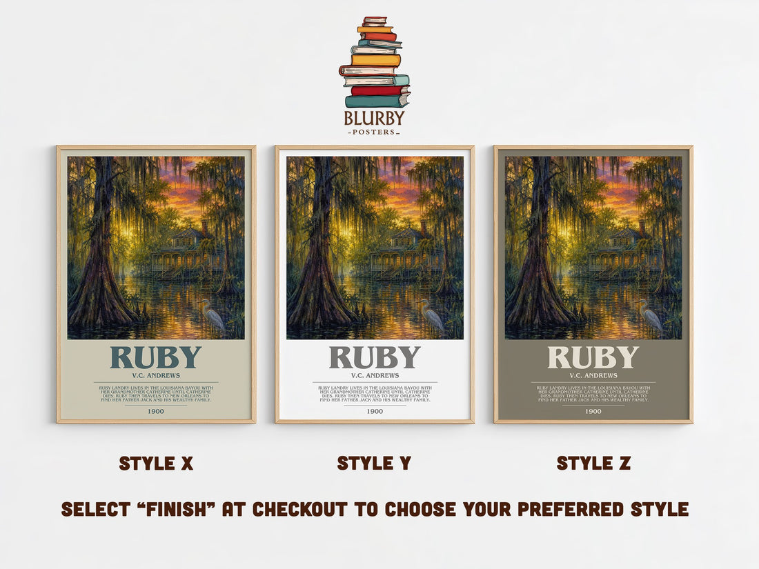 Ruby bookish print in frame leaning in hallway – gothic wall art (mockup)